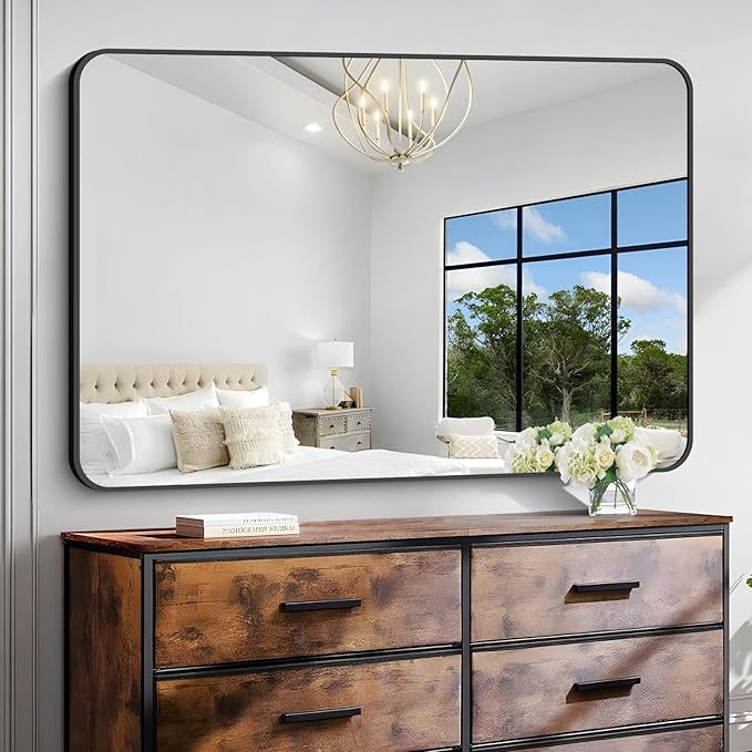 Bathroom Mirror, 55 x 36 inch Black Rectangle Wall Mirror, Metal Frame Rounded Corner Vanity Mirror, Large Wall Mounted Mirrors for Over Sink Bedroom Living Room Horizontal Or Vertical Mounting