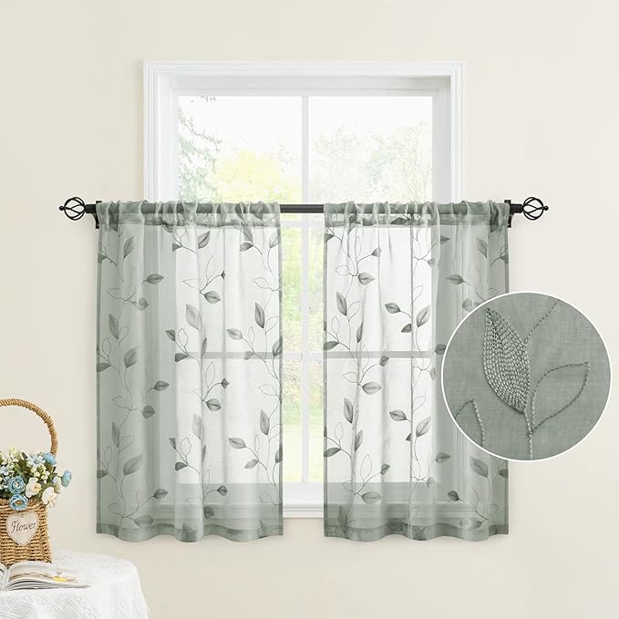 HOMEIDEAS Sage Green Sheer Kitchen Curtains 30 X 24 Inch Length 2 Panels Embroidered Leaf Pattern Short Curtains for Small Window Valance Tiers