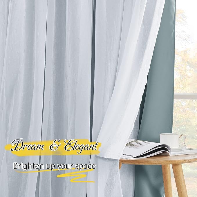 NICETOWN Greyish Blue Curtains for Bedroom Double Layers Crushed Sheer Overlay Elegant Decoration for French Country Rustic Design Window Covering with Tiebacks, 52" Wide x 84" Long, 2 Panels