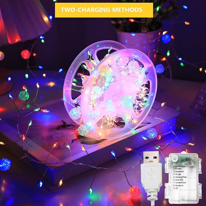 Battery Operated & USB Fairy Lights with Remote,10FT 200LED Cluster Lights Christmas Waterproof Twinkly Globe String Lights for Christmas Tree Copper Wire Firecracker Light for Bedroom Indoor Decor