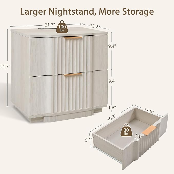 Yechen Fluted Nightstands Set of 2 with 20W Fast Charging Station - Large Wood Night Stands with 2 Storage Drawers, Modern Wide Bedside End Tables for Bedroom with Curved Profile Base, White Oak