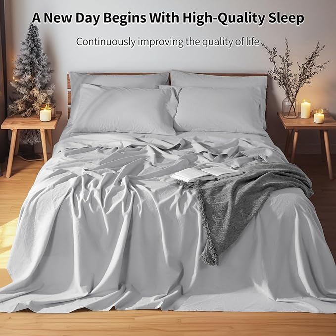 LBRO2M 100% Linen Sheet Set Queen Size, Bed Sheets 6 Piece Sets,Solid Color Natural Flax Bed Sheets Soft Breathable Bedding,16" Deep Pocket,All Season (Queen, Grey)