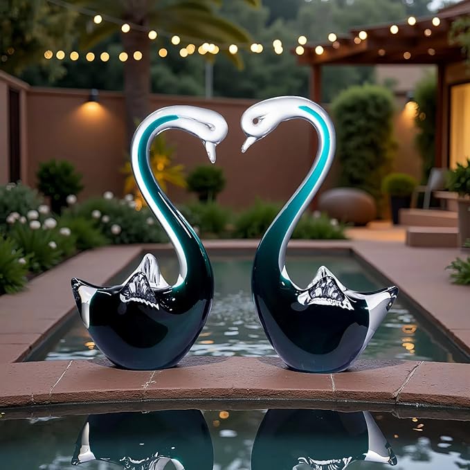 Hand Blown Glass Aqua Green Swan Figurines Set - Weatherproof Glass Art, Indoor/Outdoor Decor, Pair of 2 - Perfect Garden Art, Home Shelf Display & Gift for All Occasions