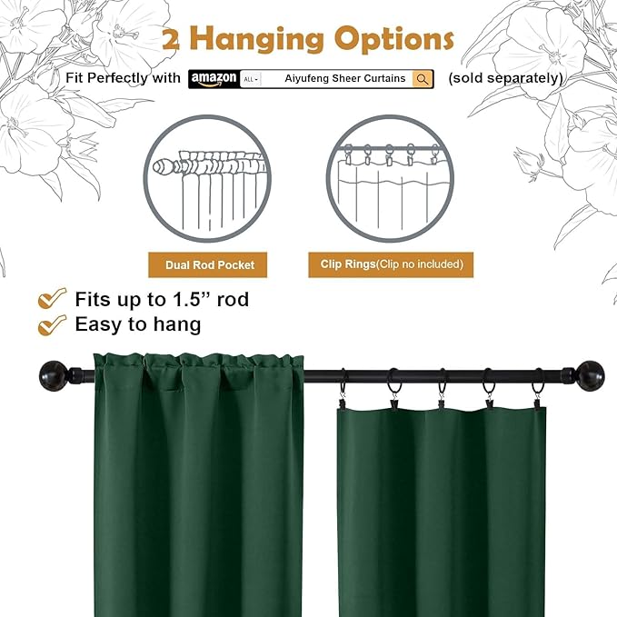 Aiyufeng Ever Green Short Blackout Curtains for Bedroom 54 Inches Long 2 Panels Set, Solid Thermal Insulated, Energy Saving Window Treatment Curtains Blackout Drapes, W40 x L54 Inch, Ever Green