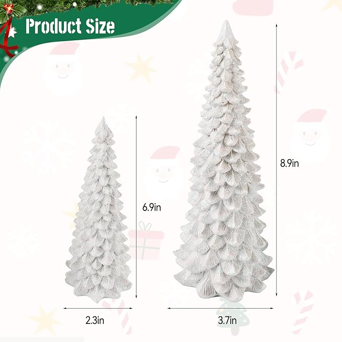 2Pcs Christmas Tree Decoration Figurines, Christmas Tree Statues Glittered Resin Desktop Mini Small Tabletop Ornaments Holiday Fireplace Home Decor Gifts (White)