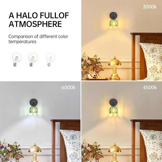 Vintage Wall Sconce with Cute Green Tulip Glass Lampshade 180 Degree Adjustable Black Sconce Hradwired Modern Wall Lighting Fixture with Switch for Bedside Bedroom Doorway