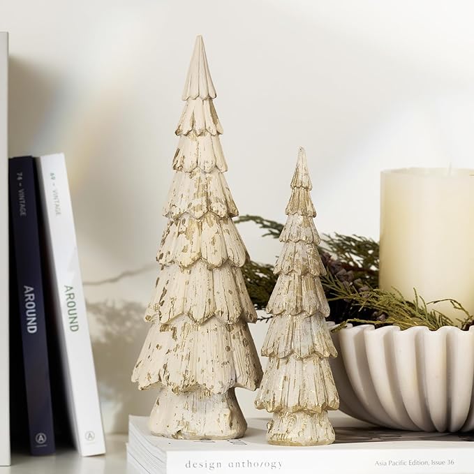 Christmas Tree Figurines, Wood Effect Accented with Gold, Tabletop Xmas Trees Set of 2, Small Decorative Resin Christmas Trees, Christmas Decorations Indoor, Winer Mantle Decor for Table Centerpieces