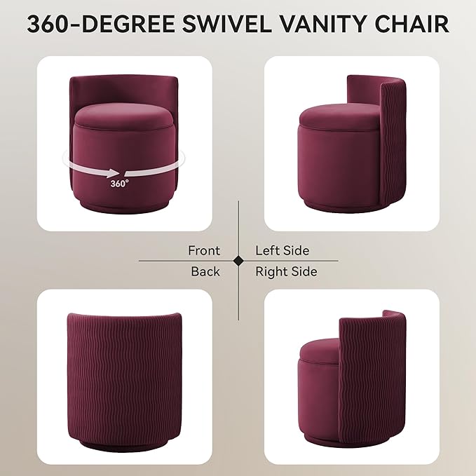 Velvet Vanity Chair with Storage, 360° Swivel Makeup Chair with Wave Back, No Assembly Small Accent Stool for Bedroom, Dressing, Living Room, Burgundy