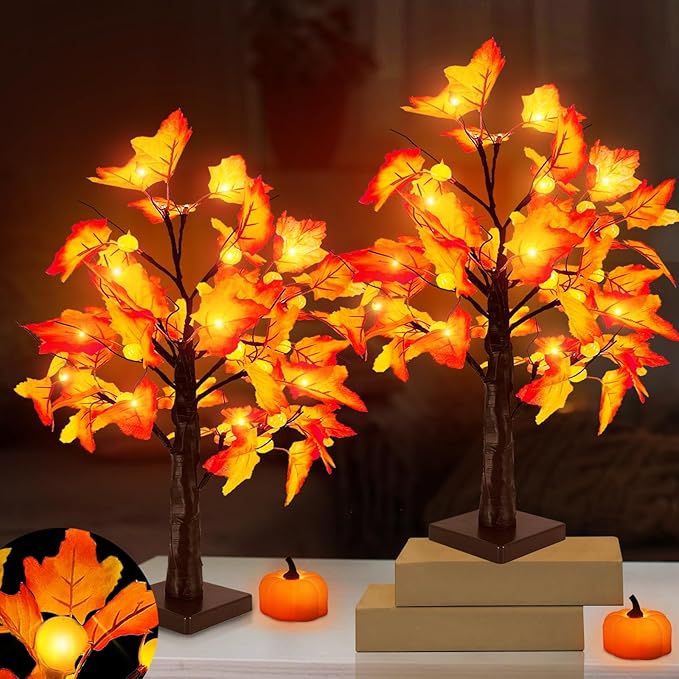 Timer - Fall Thanksgiving Tree, 18 Inch Prelit Lighted Maple Tree Thanksgiving Decorations with 24 Pumpkin Lights Battery Operated for Autumn Harvest Decor Indoor Home Table Halloween Christmas
