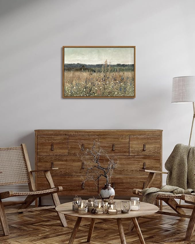 KISSFOX Vintage Landscape Canvas Wall Art Fall Farmhouse Wildflower Field Framed Wall Art Autumn Natural Serene Countryside Paintings Artwork Rustic Art Prints For Bedroom Bathroom Living Room