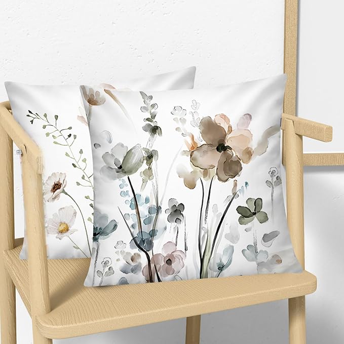 Brown Grey Floral Pillow Cover 16x16 Set of 6 Watercolor Throw Pillow Covers Square Cushion Covers for Couch Sofa Living Room Home Decor