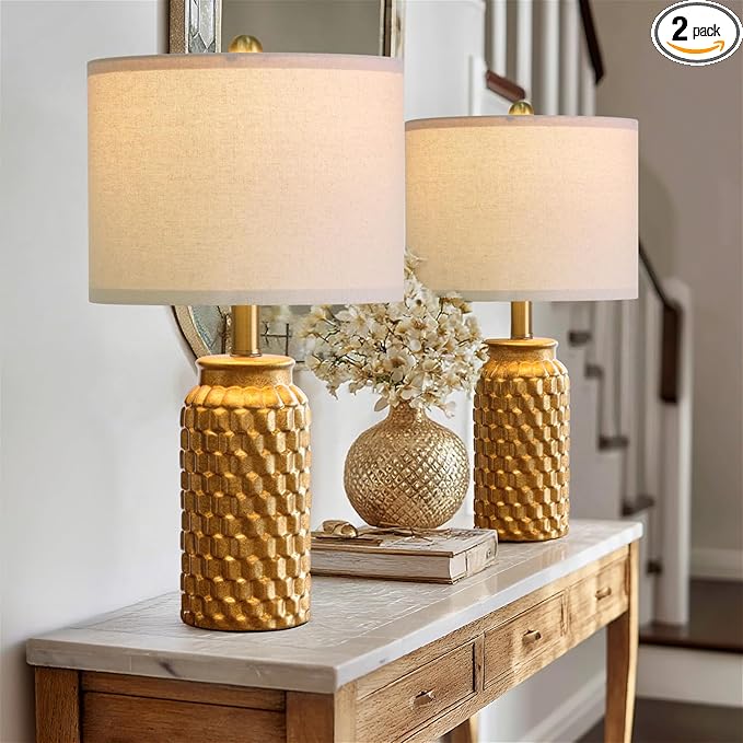 20.5" Gold Modern Ceramic Bedside Lamp Set of 2 for Bedroom Decor Farmhouse Table Lamp for Living Room Office Dorm