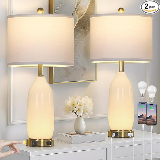 26" Modern White Glass Table Lamps Set of 2,Nightstand Lamp with USB A+C Ports & AC Outlet,Bedside Lamps with 3-Way Dimmable Touch Control Night Light for Bedroom Living Room Side Table