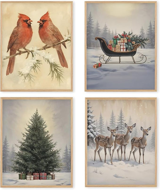 Boat Wades Winter Christmas Wall Art Prints Set of 4,Vintage Xmas Tree Red Cardinals Sleigh Reindeer Posters Pictures Wall Decor for Bedroom Living Room Home Office,Christmas Home Decor, 8x10 Unframed