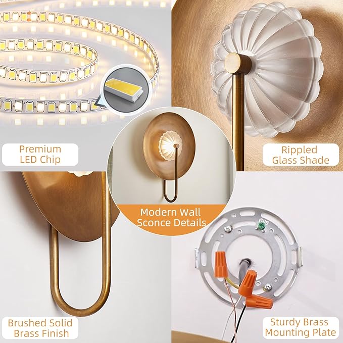Hyunbae Mid Century Modern Wall Sconces Indoor, Dimmable LED Wall Sconce with Fluted Glass Shade, Brass Wall Lights for Living Room, Bedroom, Bathroom, Hallway, Dining Room, 2700K