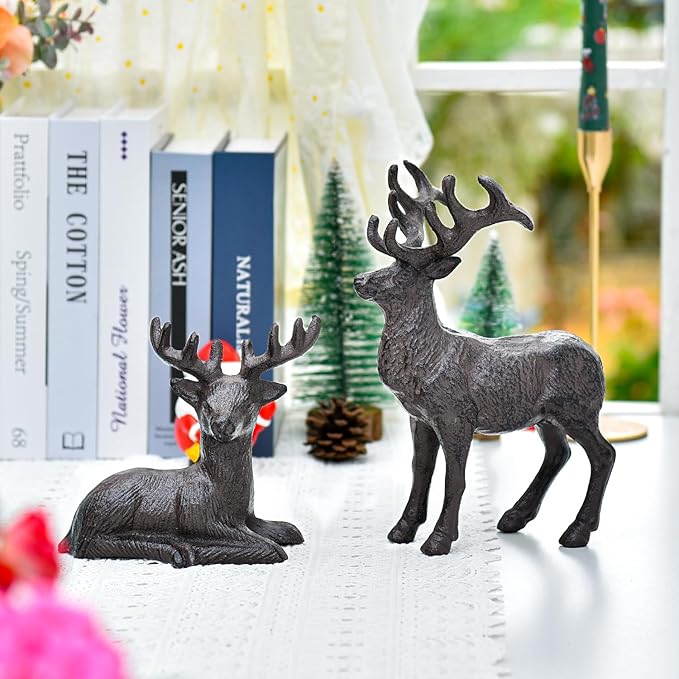 Sungmor Cast Iron Deer Statue, Christmas Reindeer Figurine, Rustic Brown Heavy Lying Elk Vintage Home Decor Sculpture, Indoor Outdoor Shelf Tabletop Holiday Decorations