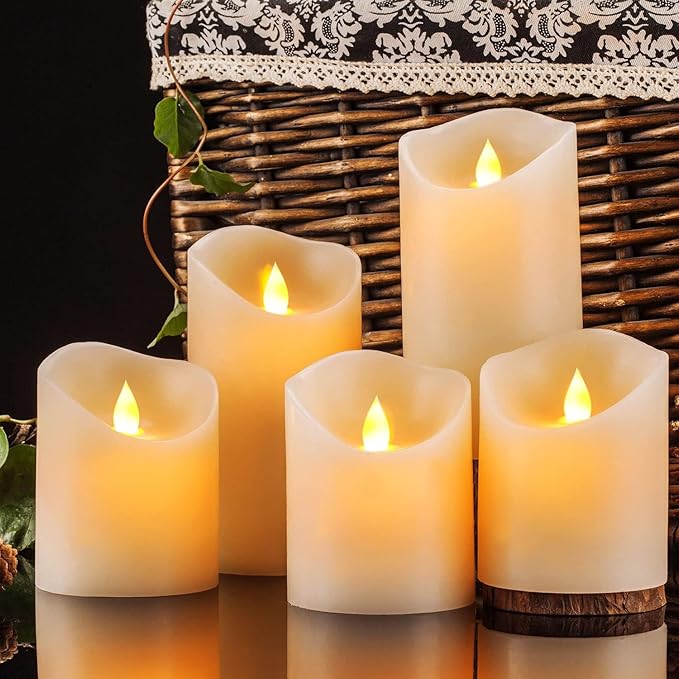 Flameless Candles, Flickering Moving Flame LED Candles Set of 5 (Size: D: 3" x H: 4"/4"/4"/6"/6") Pillar Realistic Real Wax Battery Operated Candles with Remote Control 2 4 6 8 Hours Timer