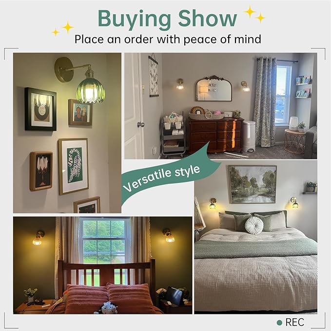 Vintage Battery Operated Wall Sconce with Cute Green Tulip Glass Lampshade Wireless Rechargeable Battery Powered Wall Light with Remote Control for Bedside Bedroom Doorway