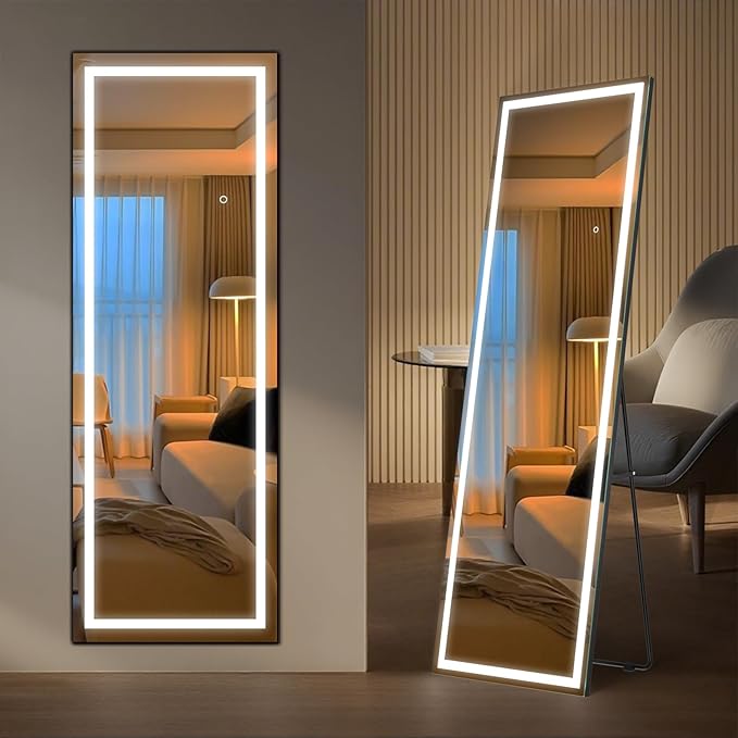 64" x 22" Full Length LED Floor Mirror - Big Wall/Standing Mirror with Lights, Dimmable Touch Screen & Adjustable Color (White/Warm Light), Full Body Mirror for Bedroom, Dressing Room, Vanity, Makeup