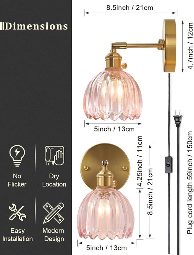Plug in and Hardwired Wall Sconces, Luxury Vintage Tulip Crystal Glass Shade Wall Light with Switch for Bedside Bedroom Living Room (Tulip-Pink, 1)