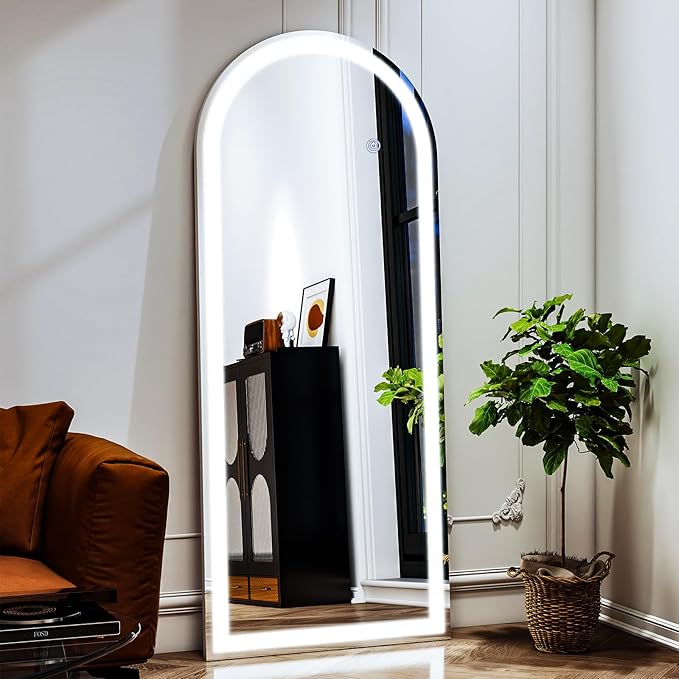 26x65 inch Full Length Mirror with Lights, LED Lighted Floor Standing, Hanging Full Length with Stand, Full Body Dressing Mirror with Dimmable 3 Color LED