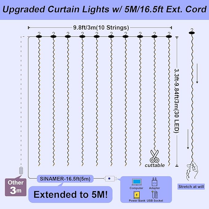 Curtain Light, 9.8ft x 9.8ft Copper Wire String Lights, USB Powered Hanging Window Fairy Lights, 8 Lighting Modes, Remote Control for Home Christmas Wedding Party (Blue)
