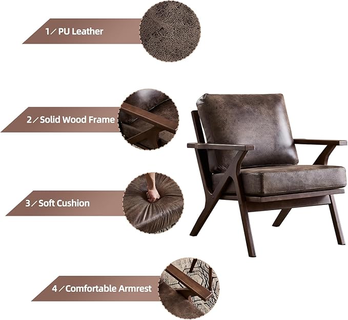 INZOY Mid-Century Modern Accent Chair Set of 2, Breathable PU Leather Living Room Chair and Soft Thick Padded Armchair for Living Room Bedroom Reception with Removable Upholstered Cushions, Dark Grey