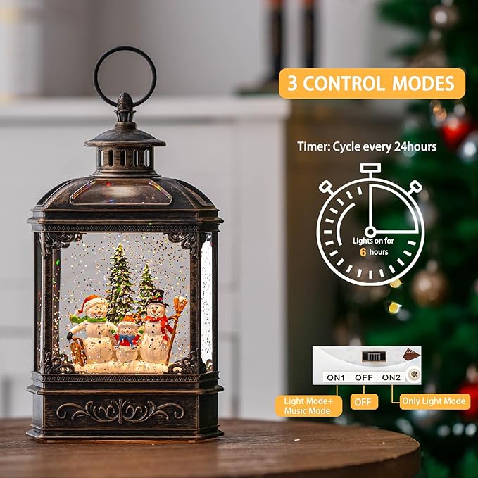 Christmas Snow Globe Lantern Lighted Snowman Family Musical Water Globe with Swirling Glitter, Christmas Holiday Party Gifts and Decorations