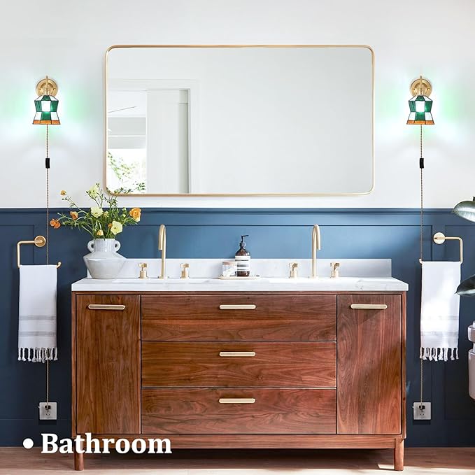 Vintage Wall Sconce, Wall Lamps with Polygonal Checker Sconce, Stained Glass Shade Brass Wall Lights Fixture with Plug in Cord and Switch for Bedroom Bathroom Living Room Hallway