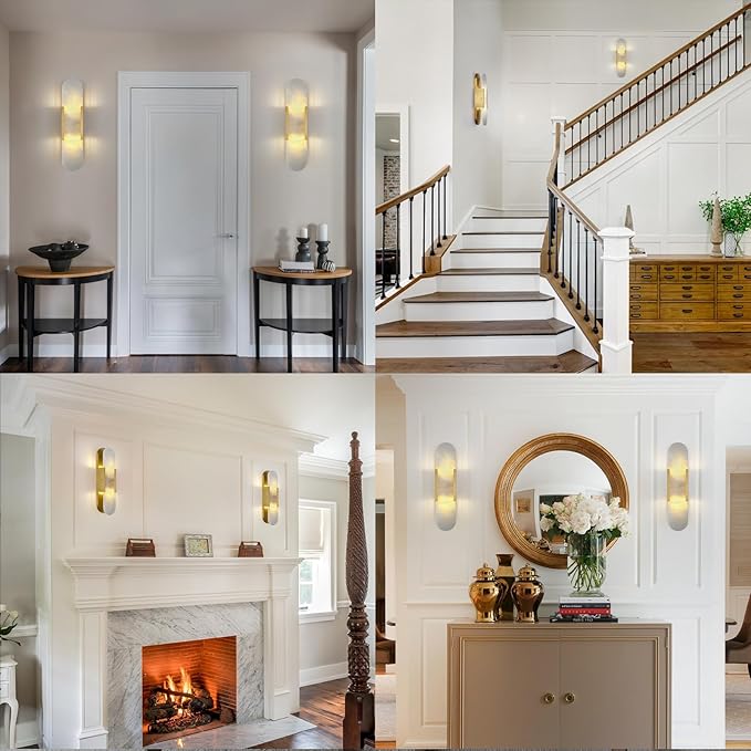 19.7in Brass Alabaster Wall Sconces, Natural Marble Wall Sconces Set of Two Indoor Alabaster Sconces for Living Room Modern Alabaster Sconces Wall Lighting for Dining Room Stairs Bedroom
