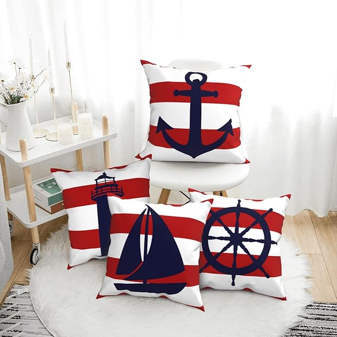 Set of 4 Summer Beach Throw Pillow Covers 18x18 Red and White Stripe Coastal Ocean Anchor Pillow Cover Couch Decorative Outdoor Square Pillow Cushion Cases for Living Room Sofa Bed Home Decor