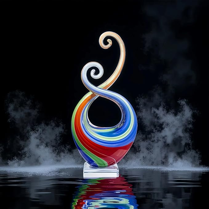 14″ Hand Blown Art Glass Sculpture with Fluid Design and Clear Square Base - Weatherproof Indoor & Outdoor Use Decor - Abstract Glass Art Piece