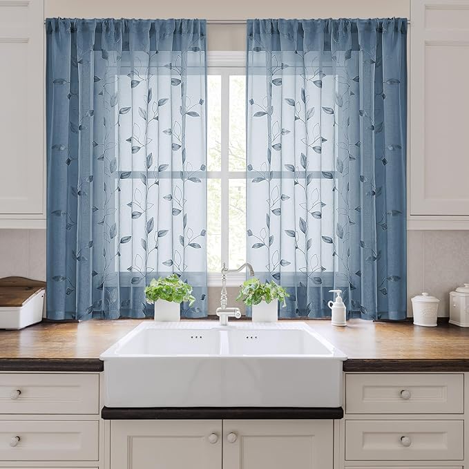 HOMEIDEAS Stone Blue Sheer Kitchen Curtains 52 x 54 Inch Length 2 Panels Embroidered Leaf Pattern Short Curtains for Bedroom Half Small Bathroom Window Rod Pocket Tiers