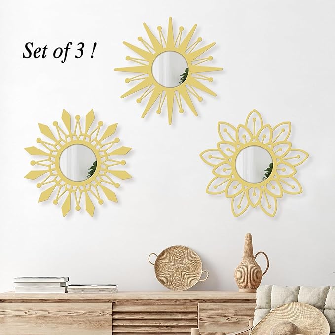 Golden Decorative Wall Mirrors Crown Shaped Wall Mirror Boho Wall Decor, for Living Room, Bedroom, Hanging Decor Mirror Set of 3