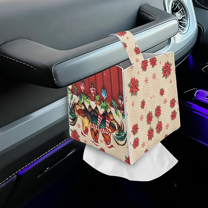 Christmas Tissue Box Holder Square PU Leather Tissues Cube Box Cover Modern Decorative Rooster Poinsettia Facial Napkin Holder Case for Car Kitchen Bedroom Bathroom