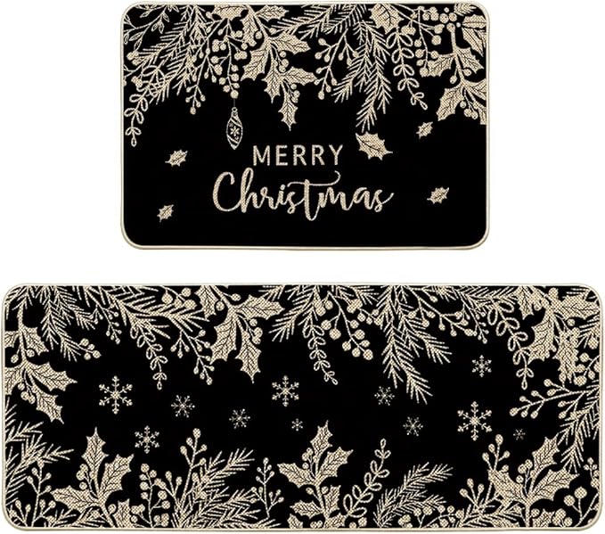 Artoid Mode Black Holly Pine Branches Merry Christmas Kitchen Mats Set of 2, Winter Decor Low-Profile Kitchen Rugs for Floor - 24x35 and 24x59 Inch