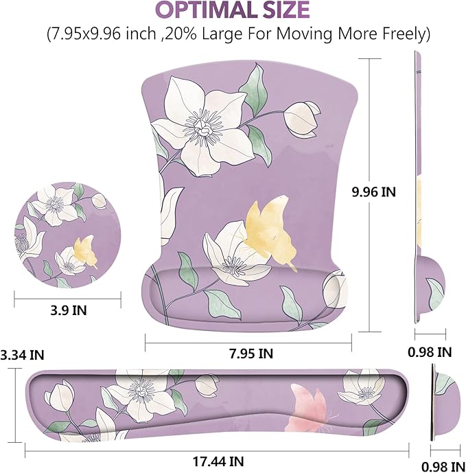 AIMSA Ergonomic Mouse Pad with Wrist Rest and Keyboard Wrist Rest, Ergonomic Memory Foam Wrist Support for Mouse and Keyboard, Easy Typing, Pain Relief, Purple Flower