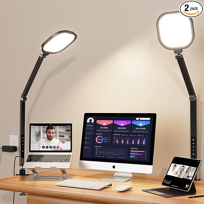 2Pack Video Conference Lighting, Zoom Lighting for Computer with Clamp, 30 Light Modes, Eye Caring Swing Arm Desk Light with Memory & Timing Func for Home Office, Video Call, Video Conferencing