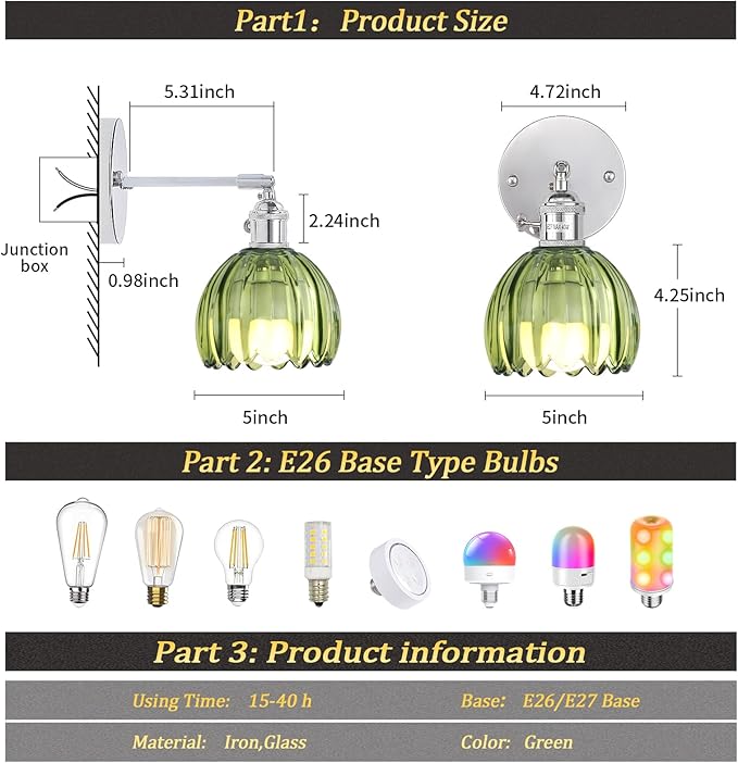 Battery Operated Wall Sconce with Cute Green Tulip Glass Lampshade Rechargeable Wireless Wall Light with Remote Control for Bedside Bedroom Doorway, Silver, Set of 2