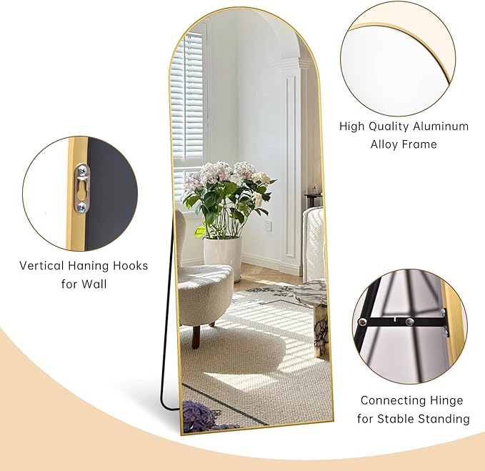 71"X26" Arched Full Length Mirror, Free Standing Leaning or Wall-Mounted Mirror, Aluminum Frame Modern Mirrors for Living Room, Bedroom, Cloakroom, Gold
