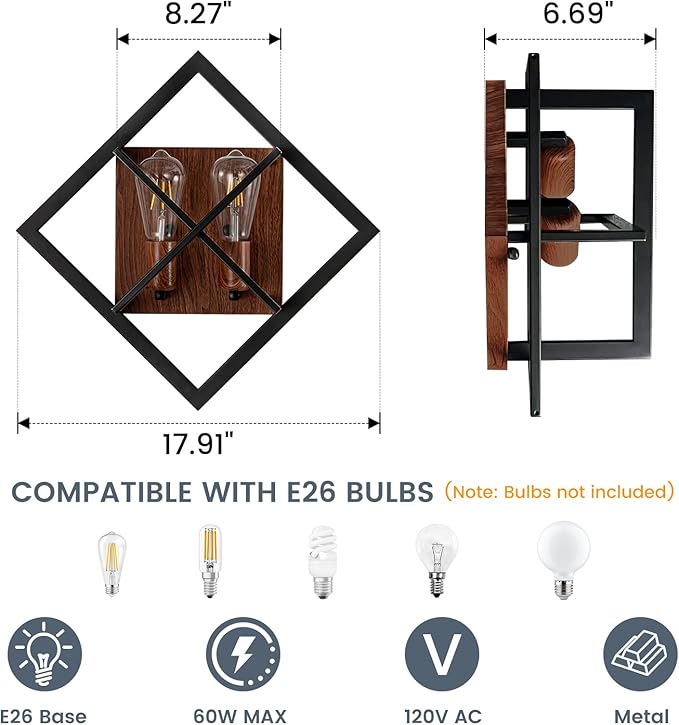 Farmhouse Wall Sconce with Black Finish & Wood Grain, Set of 2 Rustic Wall Sconces Indoor Wall Light Fixtures 17.8in for Stairway, Living Room, Bedroom, Bathroom (2 Light,E26 Base, No Bulbs)