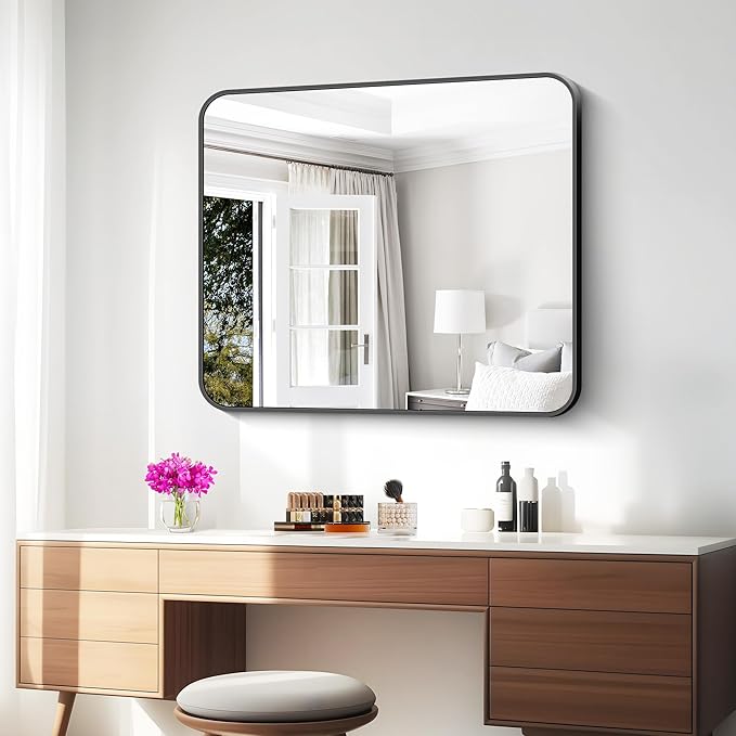 BONEWEI 30x36 inch Bathroom Mirror,Black Rectangle Mirror,Wall Mounted Bathroom Frame Vanity Mirror with Round Corner for Bedroom Living Room, Entryway Hangs Horizontal or Vertical