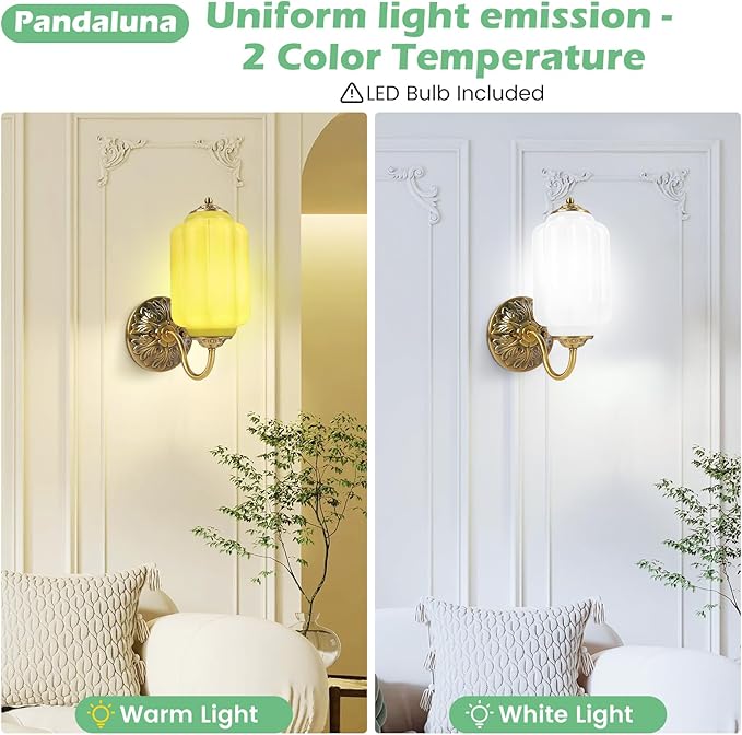 Vintage Wall Sconce, White Milk Glass Light Fixture, 5.5In Art Deco Antique Wall Sconce for Bedroom Bathroom Living Room Hallway Entryway, E12 LED Bulb Included