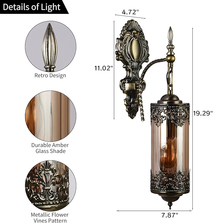 Rustic Wall Sconce with Amber Glass,Vintage Antique Gothic Wall Light Fixture E26 Mid Centry Lantern Bedside Sconces Wall Lighting for Living Room Bathroom Hallway Mirror