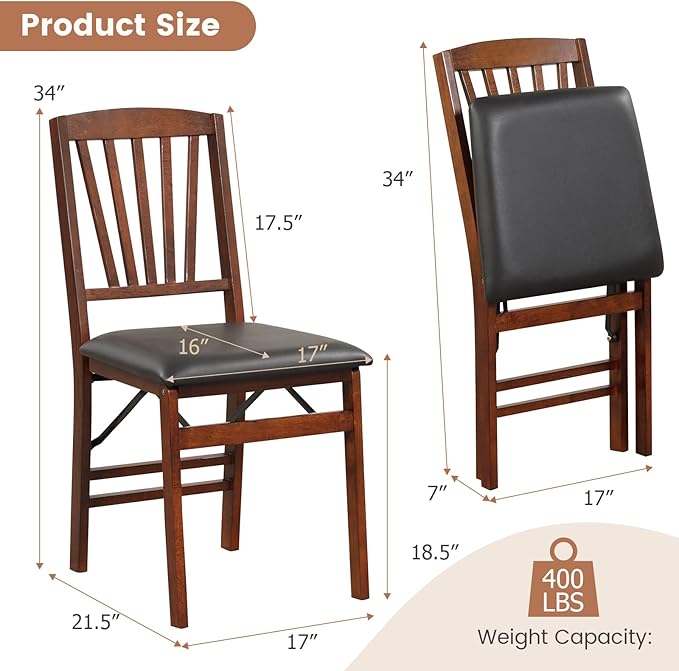 COSTWAY Folding Dining Chairs Set of 4, Upholstered Wooden Dining Room Chairs with PVC Padded Seat, Solid Wood Frame and 400LBS Capacity for Kitchen Apartment (Black & Brown)