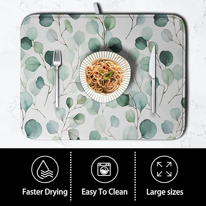 Green Leaves Dish Drying Mat Eucalyptus Leaf Branch Plant Drying Mats Absorbent Reversible Microfiber Kitchen Counter Mat Reusable Washable Dishes Drainer Mats Extra Large 18x24 Inch
