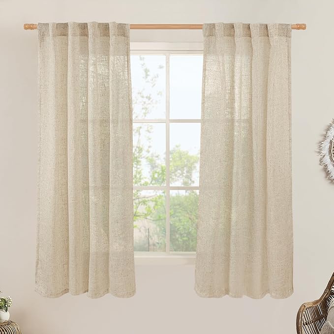 LAMIT Natural Linen Semi Sheer Curtains 63 Inch for Bedroom, Light Filtering Curtains Farmhouse Boho Back Tab and Rod Pocket Drapes for Dining Room, 2 Panels (38 x 63 Inch, Linen)
