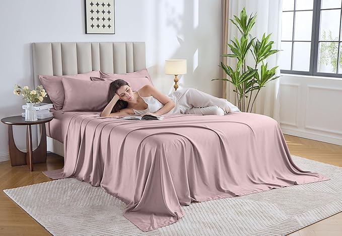 Pure Bamboo Twin Sheets, Genuine 100% Organic Viscose Derived from Bamboo Bed Sheet Set, Luxuriously Soft & Cooling, Double Stitching, Lifetime Quality Promise (Twin, Dusty Pink)
