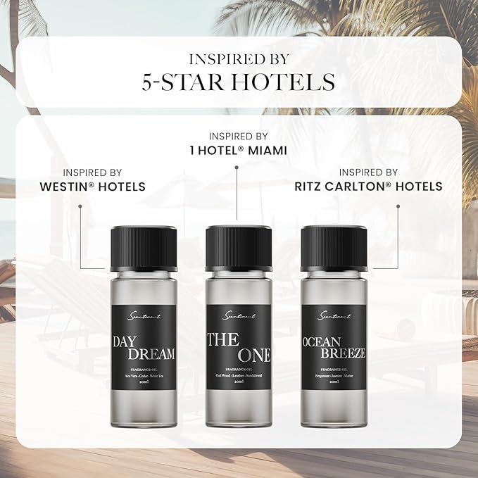 Scentiment Hotel Diffuser Oil Discovery Kit | Inspired by 1 Hotel® Ritz-Carlton® & Luxury Hotel Scents | Aromatherapy Oils with Notes of Cardamom, Tuscan Leather, and Sandalwood (20ml, Top 3 Scents)