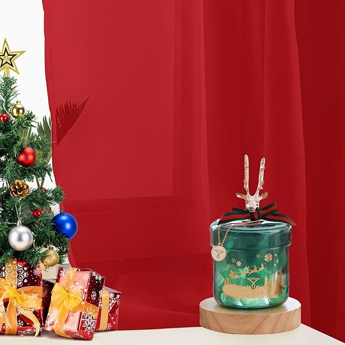 Sheer Curtains 84 Inches Long 2 Panels, Rod Pocket Short Curtain for Kitchen, Bedroom, Cafe Window(Christmas Red 38" W x 84" L)